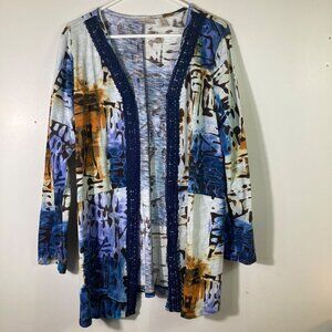 Womens Logo Lori Goldstein Open Cotton Cardigan Crochet Border Abstract‎ M